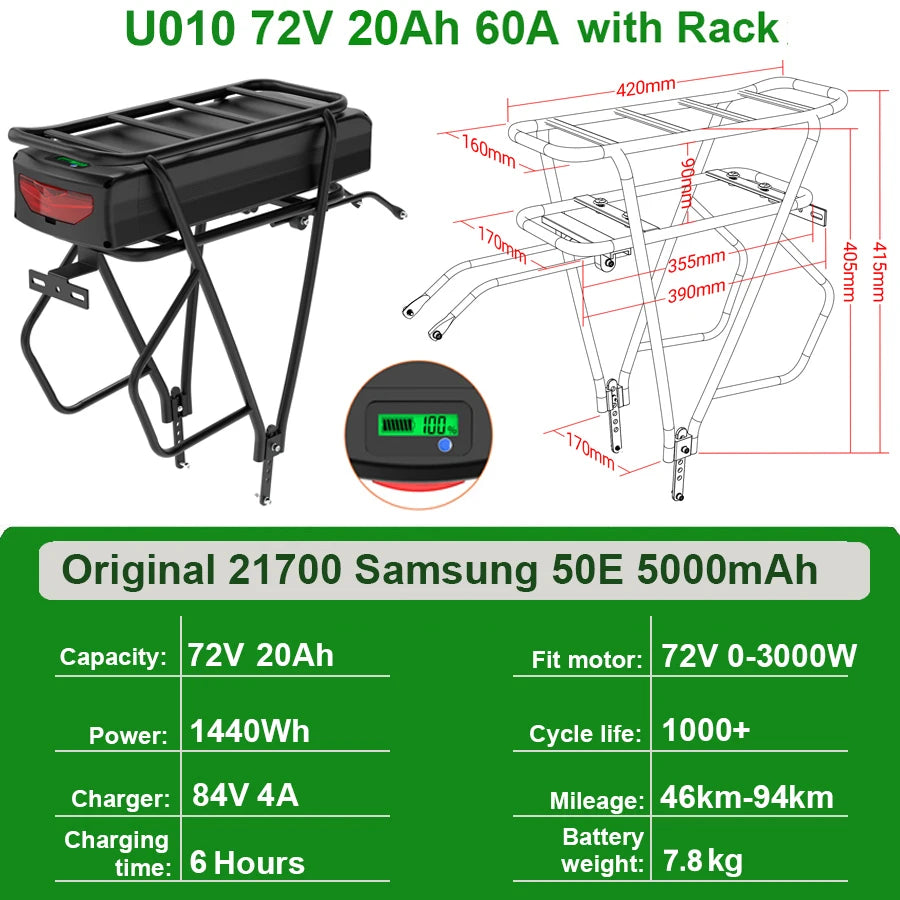 Rear Rack EBike Battery 52V 48V 27Ah 24 28 Inch Optional
