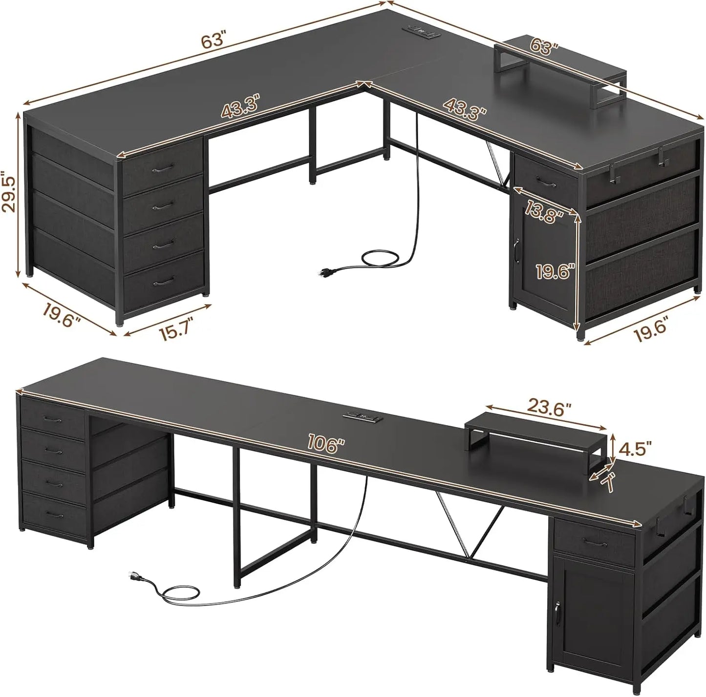 63 Inch L Shaped Corner Desk With 5 Drawers And Power Outlet For Home Office