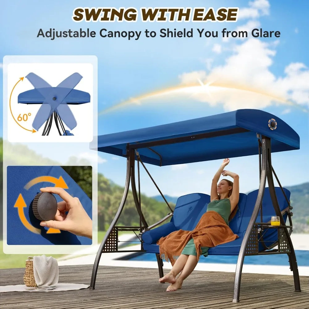 3 in 1 Outdoor Porch Swing With Adjustable Canopy 3-Seat Thick Cushions Pillows Cup Holders Heavy Duty Alloy Steel Frame 750 Lb Capacity