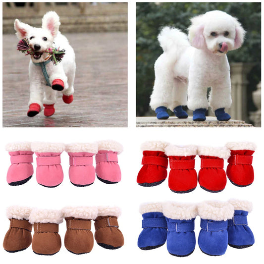4 Pcs Pet Dog Snow Boots Warm Plush Shoes Small Medium Dogs Cats Non Slip Soles