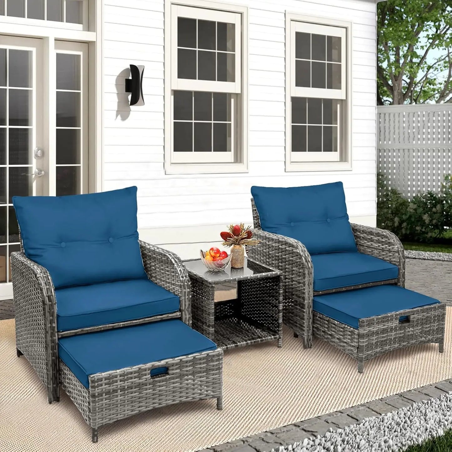 5 Piece Wicker Outdoor Patio Chairs With Ottomans All Weather PE Rattan Set