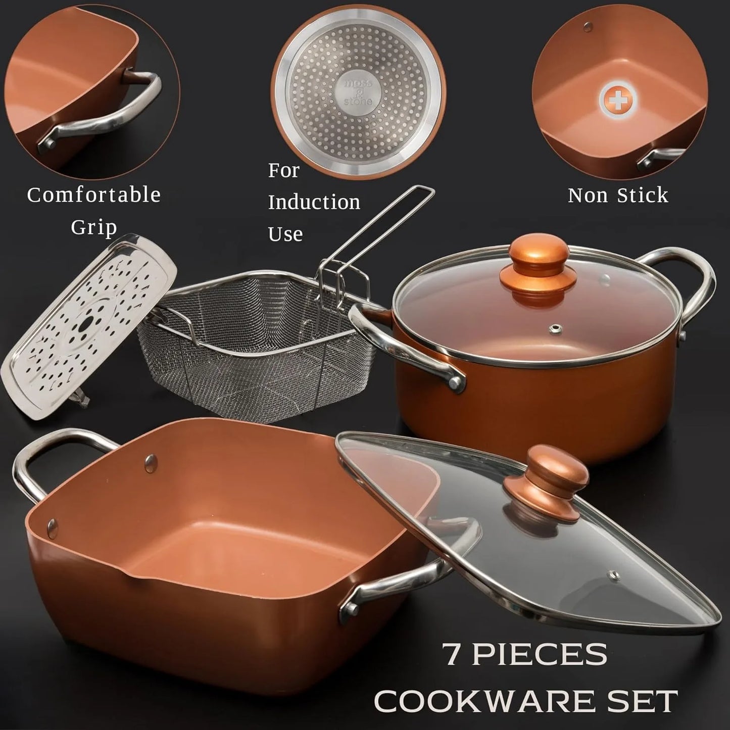 7 Piece Copper Pots and Pans Set Non Stick Copper Chef Cookware Square Pans Round Pot and Fry Basket
