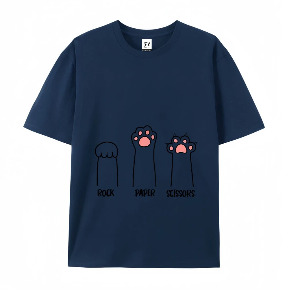 Rock Paper Scissors Cat Print T Shirt Women Oversize Cotton Summer Crewneck