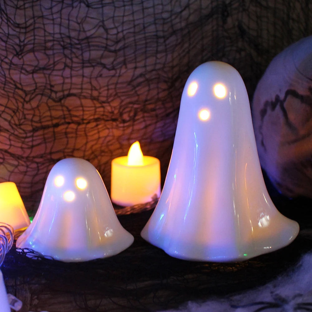 Halloween LED Light Up Ghost Decor Handmade Ceramic Ghost Sculpture Illuminated Desktop Decoration
