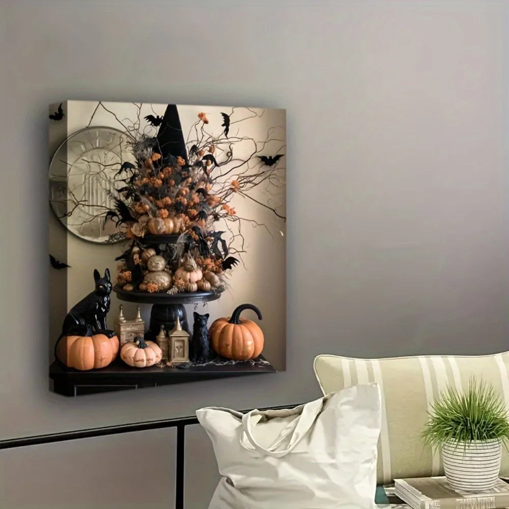 One Point Five Inch Solid Wood Frame Halloween Cat And Pumpkin Art Deco Wall Art