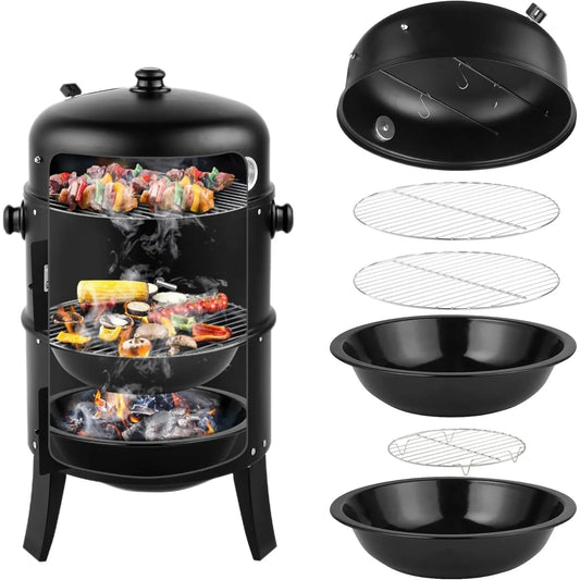 16 Inch Charcoal BBQ Smoker Grill 3 in 1 Portable Vertical Grill Cooker with Built in Thermometers and Adjustable Vent Systems