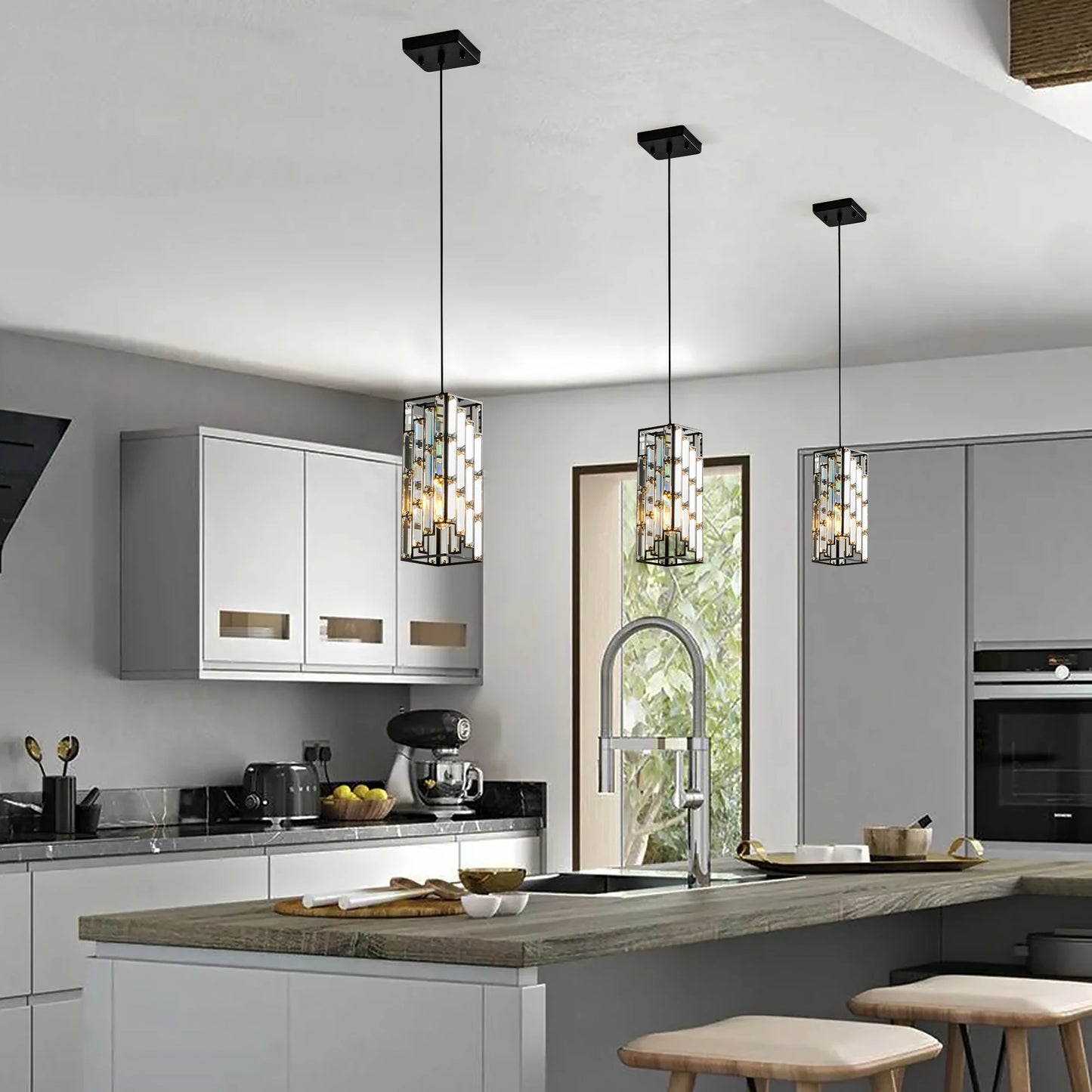 Arlgsit Modern Luxury Crystal Pendant Light 3 Pack Adjustable Hanging Ceiling Lamp Black Finish
