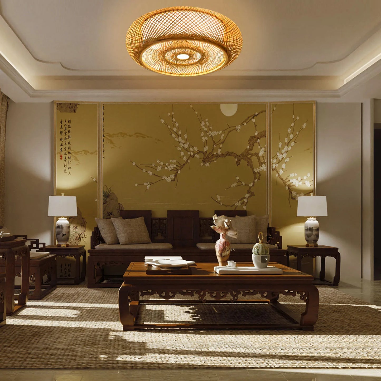 E27 Bamboo Flush Mount Ceiling Light Rustic Rattan Hanging Lamp 3-Lamp 110V 220V 40cm 50cm Bulb Not Included