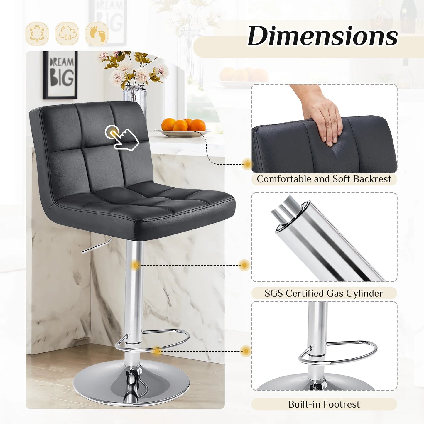 JHK PU Leather Bar Stools Set Of 2 Counter Height With SGS Gas Cylinder