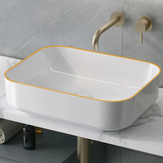 Ceramic Rectangular Sink 20x16 White Gold Rim Vessel