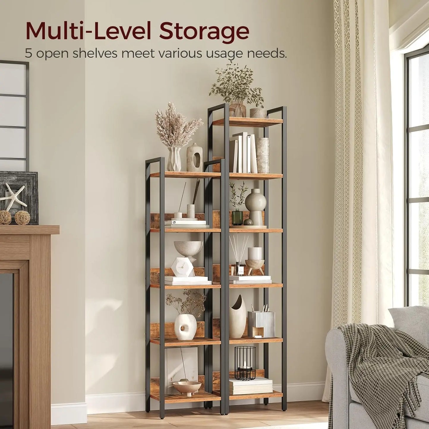 5 Tier Bookcase For Small Spaces Rustic Brown Black Storage Shelf Living Room