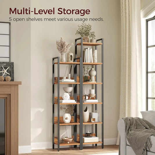 5 Tier Bookcase For Small Spaces Rustic Brown Black Storage Shelf Living Room