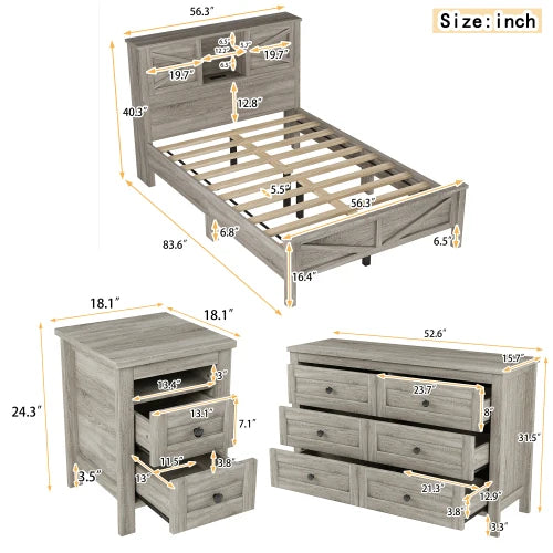 3 Piece Farmhouse Bedroom Set Queen Platform Bed Headboard Storage And Charging
