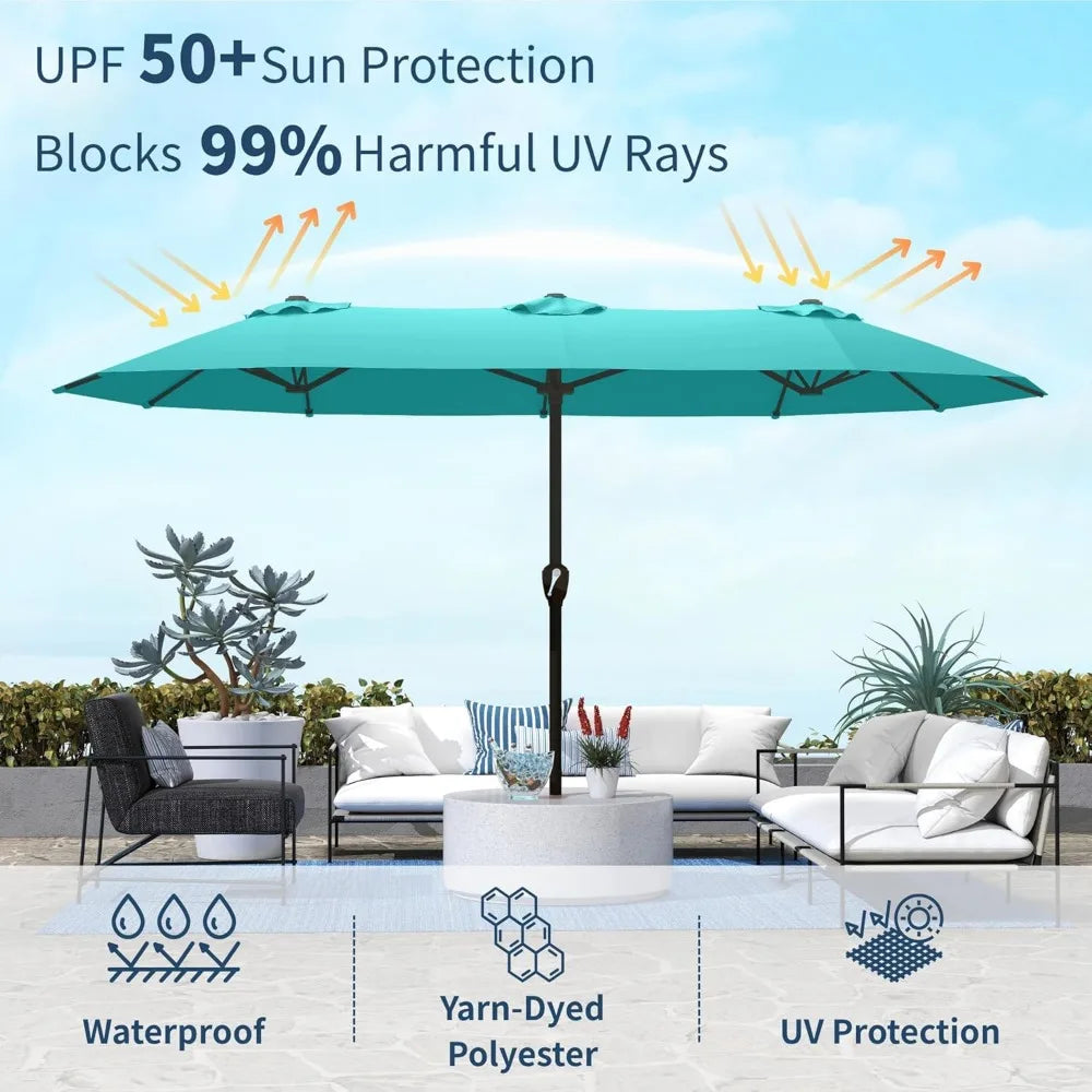 15Ft Double Sided Patio Umbrella With Base Included Large Outdoor Market Umbrella With Crank Handle UV Resistant Canopy Sturdy Alloy Steel Rectangular Aqua Blue
