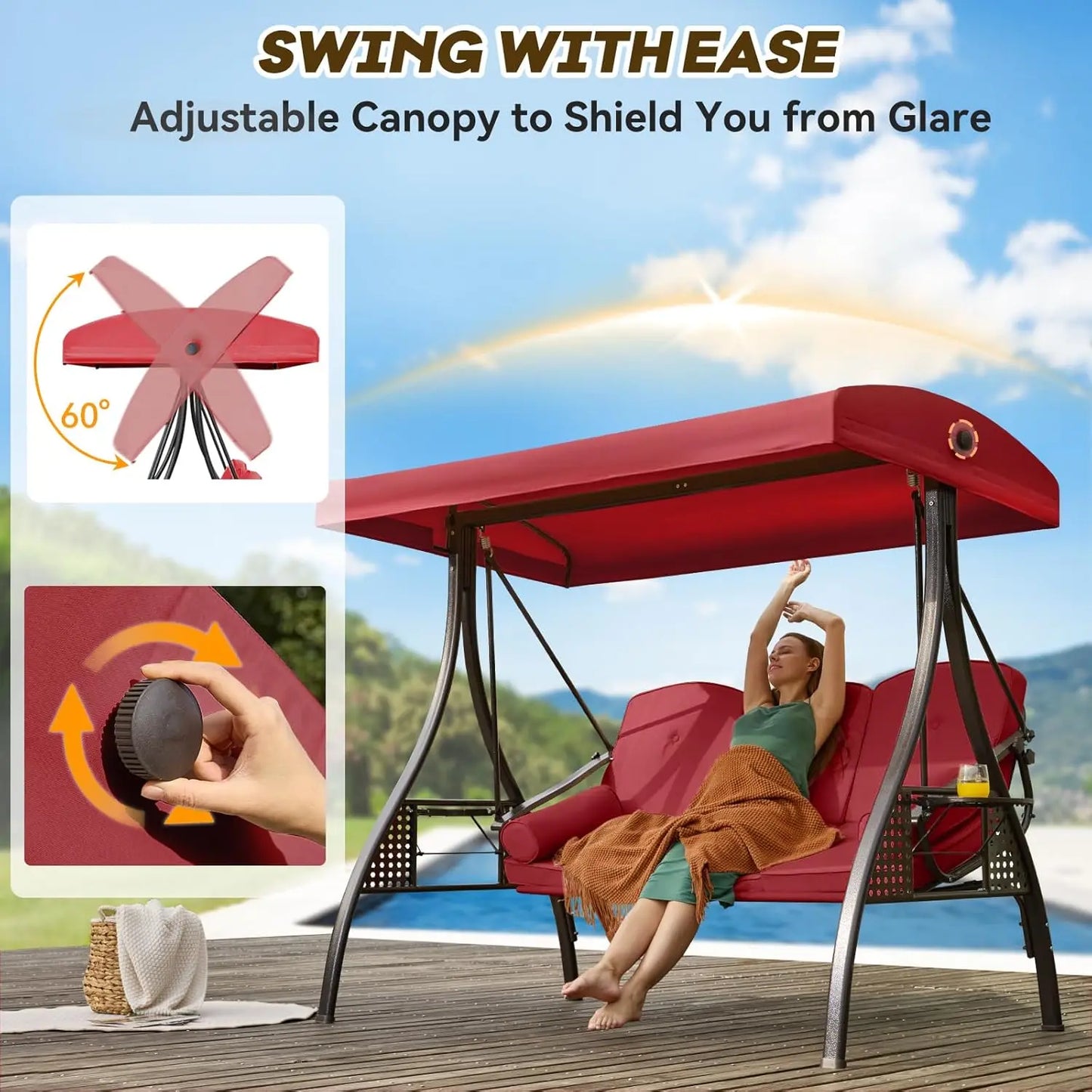 3 In 1 Outdoor Porch Swing With Adjustable Canopy 3 Seat For Adults Patio Chair