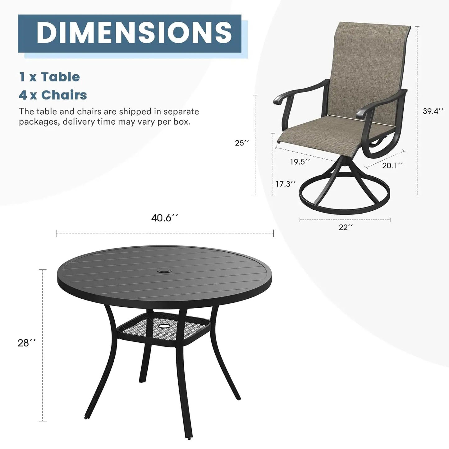 5 Piece Outdoor Dining Set With 4 Textilene Swivel Chairs And 40.6 Black Table