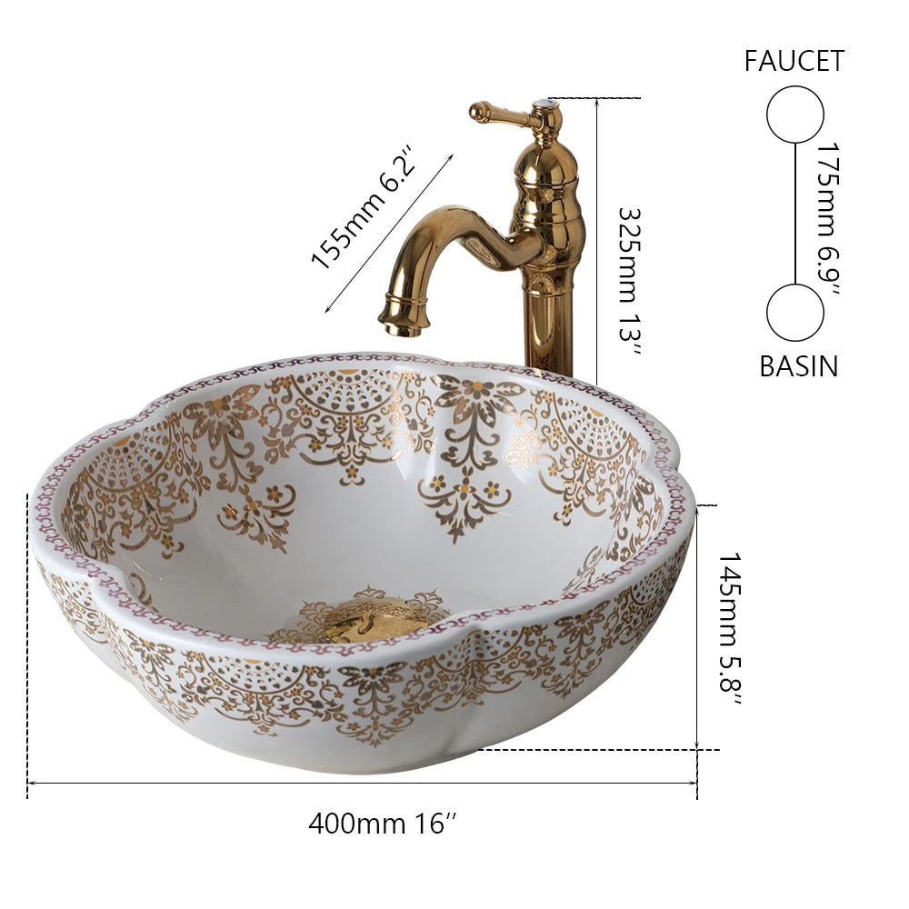 ZAPPO Ceramic Sink Above Counter Round Petal Pattern Faucet