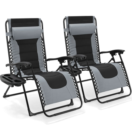 Padded Zero Gravity Lounge Chair Folding Patio Recliner with Adjustable Headrest and Cup Holder Support 160kg Sun Loungers