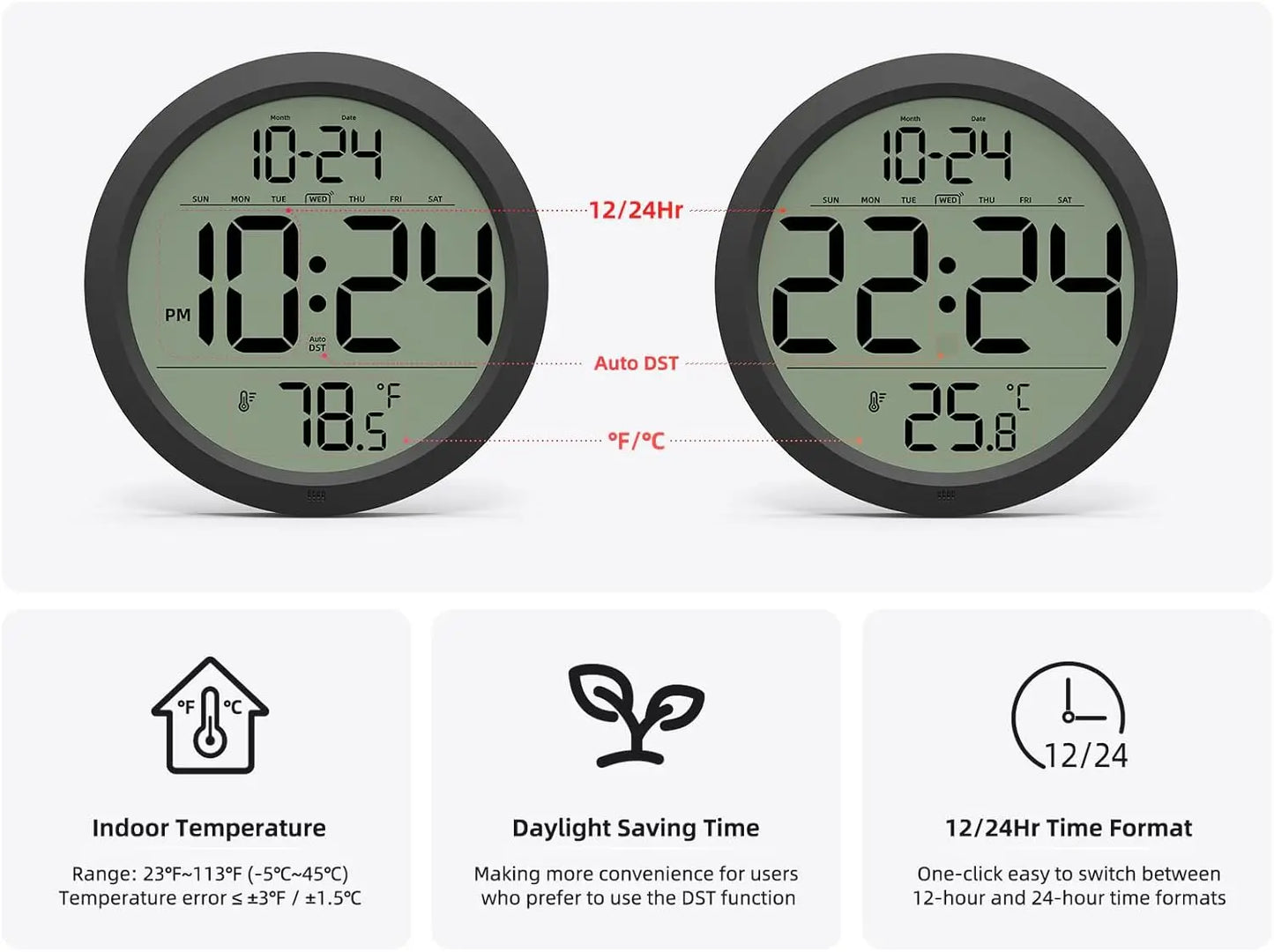8 Inch Digital Wall Clock Date Temperature Auto DST Battery Operated