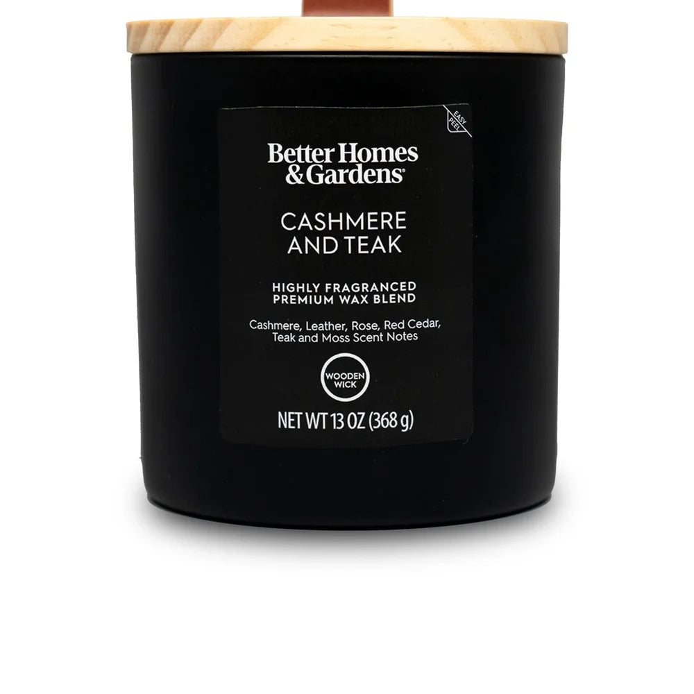 Scented Wooden Wick Jar Candle 13oz Cashmere Teak In Black Glass Leather Lid