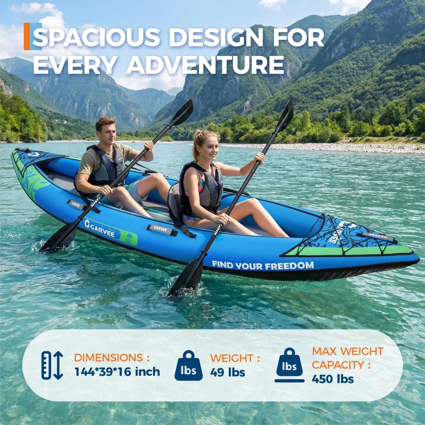 Two Person Inflatable Kayak For Fishing And Touring With Padded Seat And Fins