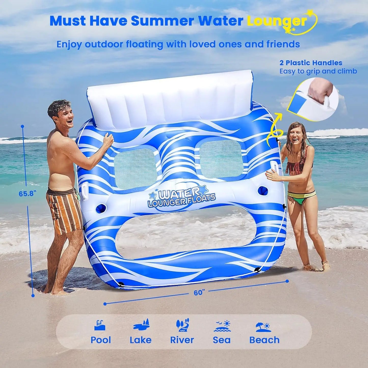 Large Inflatable Pool Lounger Cup Holders Backrest Footrest For Adults 300 Lbs