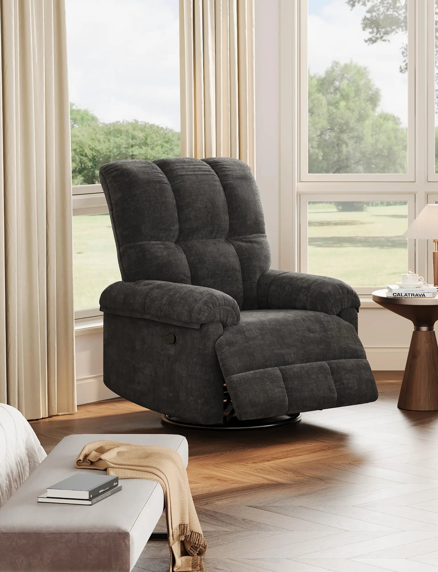 Oversized Overstuffed Chenille Recliner With Swivel Rocker And Padded Armrests