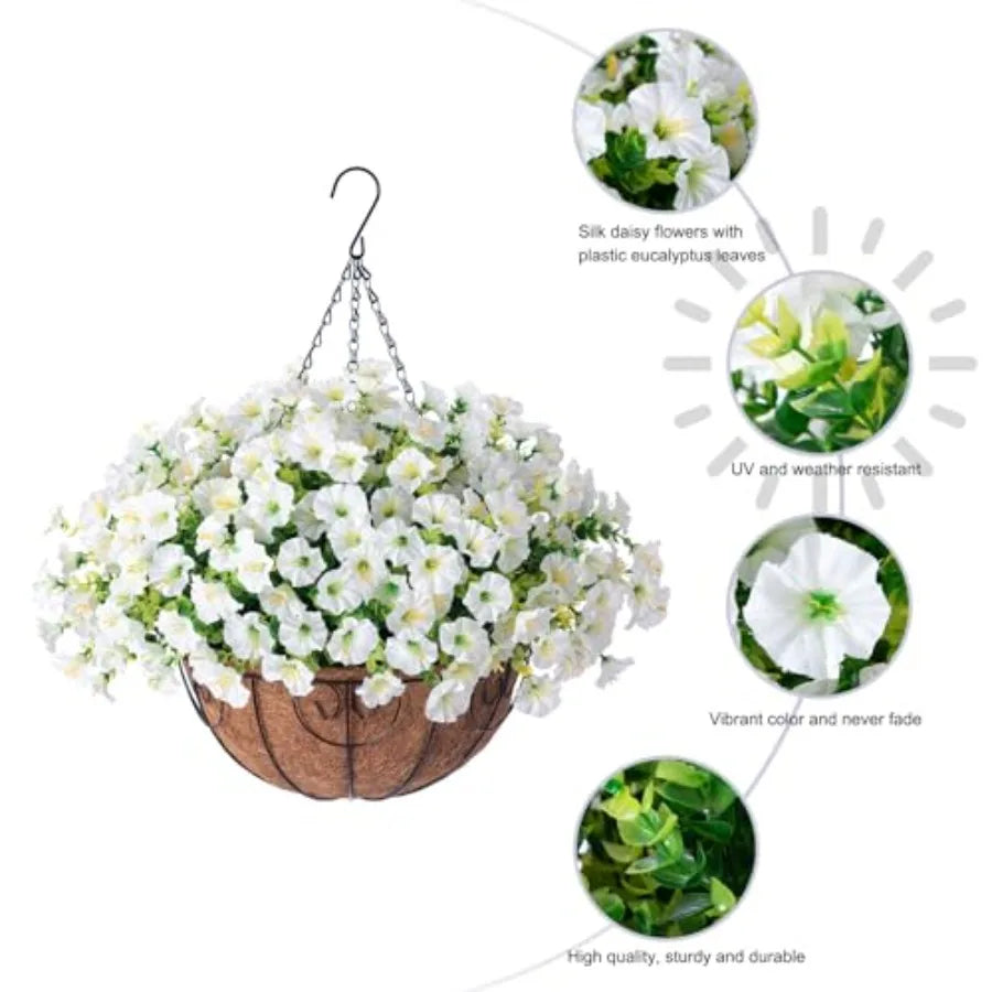 Artificial Hanging Flowers Baskets Decor Faux Silk White Morning Glory UV Resistant