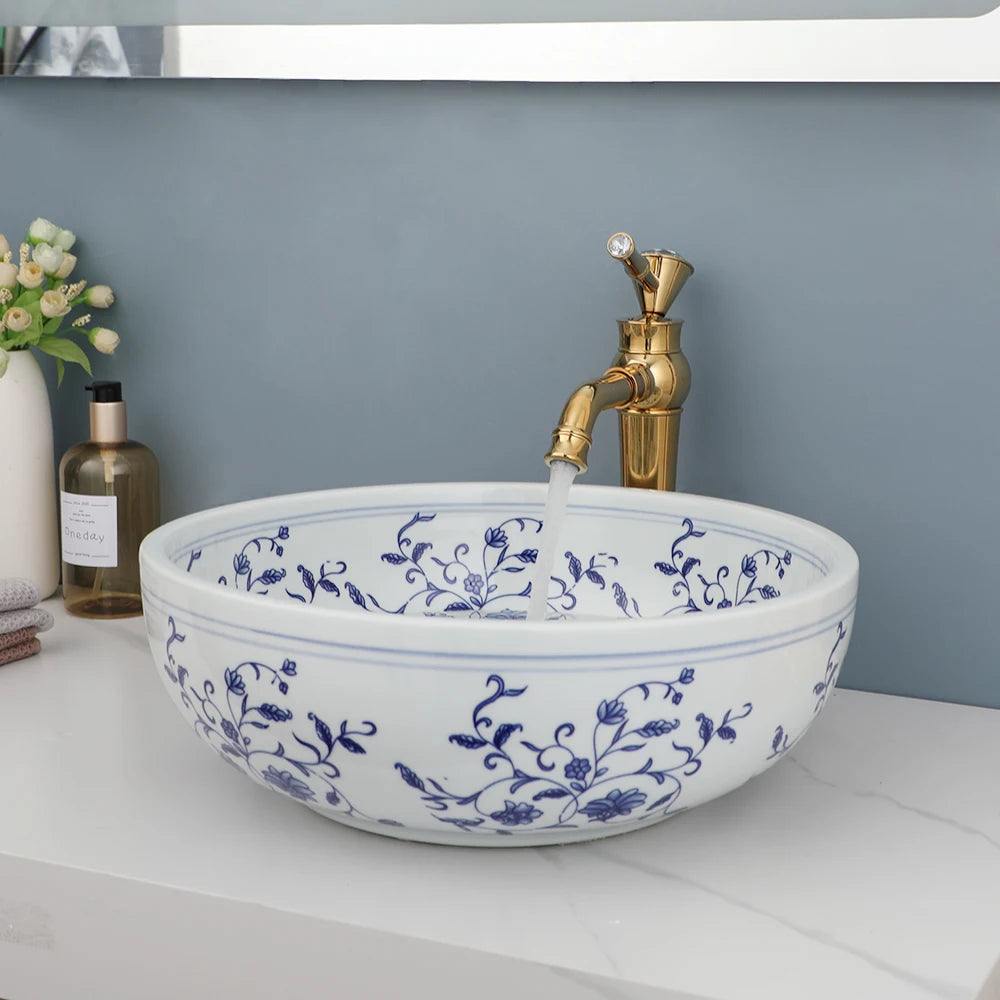 Hand Painted Ceramic Round Bathroom Basin Sink With Faucet