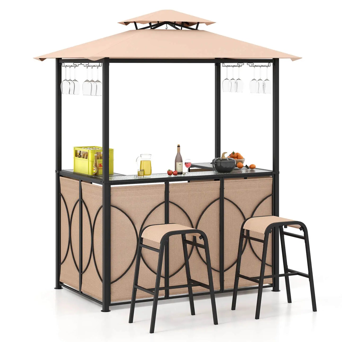 3 Piece Patio Bar Set Tempered Glass Bar Table And Metal Storage Shelves Brown