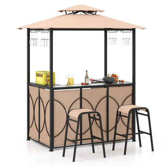 3 Piece Patio Bar Set Tempered Glass Bar Table And Metal Storage Shelves Brown