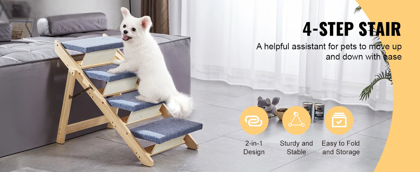 SucceBuy Wooden Pet Steps And Ramp 2-In-1 Foldable Bed Access For Pets