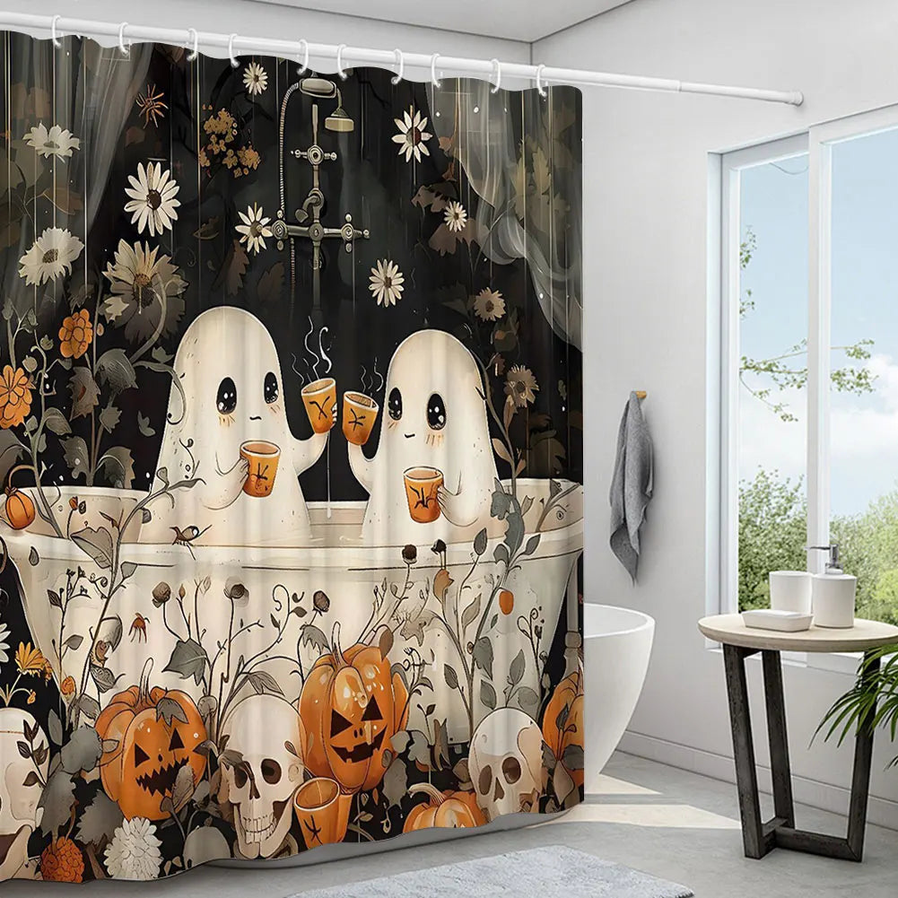 Cute Cartoon Ghost Shower Curtain Set Halloween Bath Decor