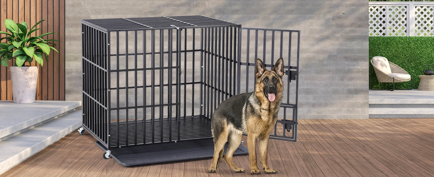 XXL Heavy Duty Dog Crate With Lockable Wheels And Tray Square Tube Metal Kennel