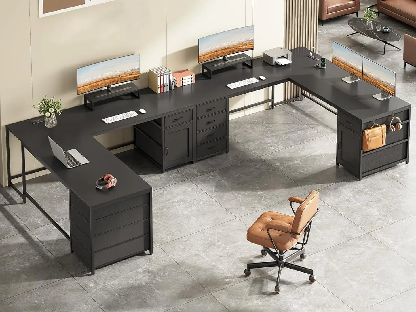 L Shaped Desk 63 Inch Computer Desk With 5 Drawers Outlet