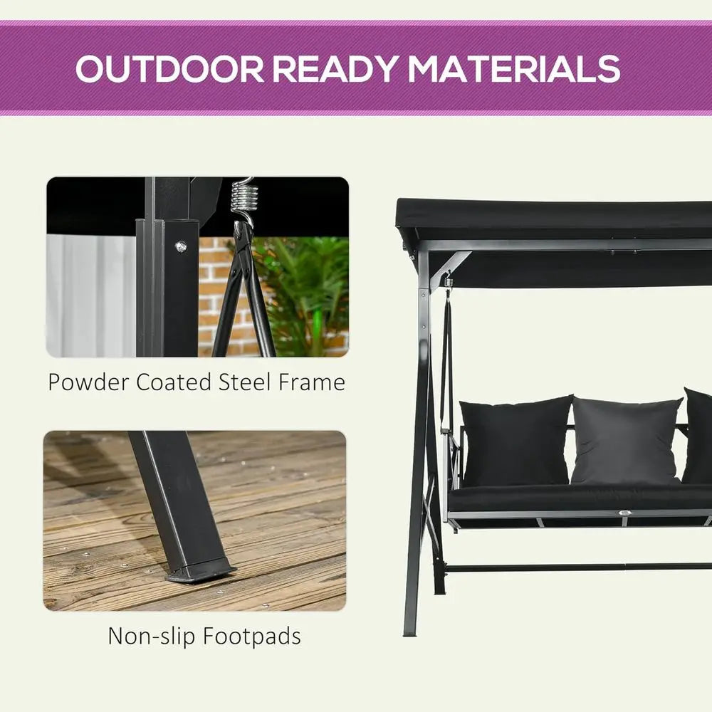 3 Seat Patio Swing with Cushions and Pillows Adjustable Glider Black