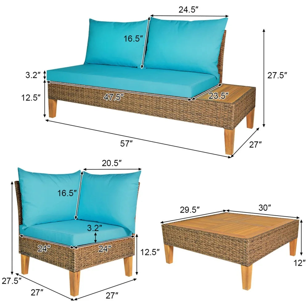 4 Piece Rattan Patio Sofa Set With Turquoise Cushions Outdoor Furniture
