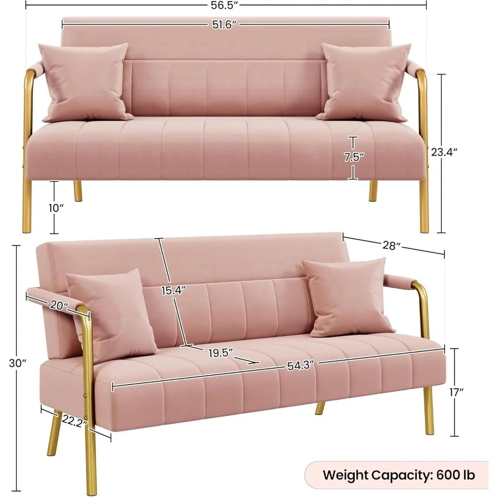 Luxurious Velvet Sofa 56.5 Inches With Gold Tone Metal Arms For Living Room