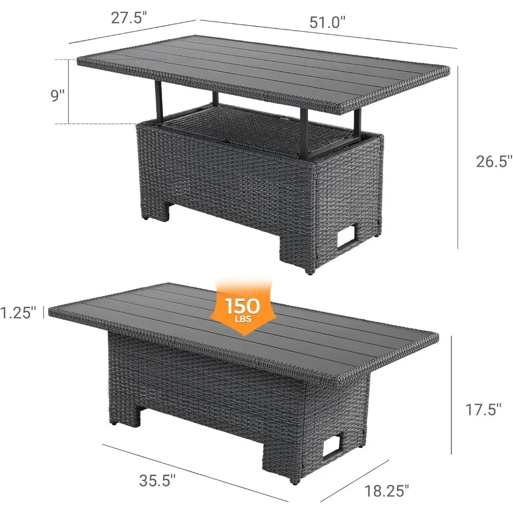 Outdoor Wicker Dining Table With Adjustable Lift Top Gray