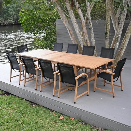 Franklin 11 Piece Rectangular Extendable Patio Dining Set Teak Finish WeatherNet