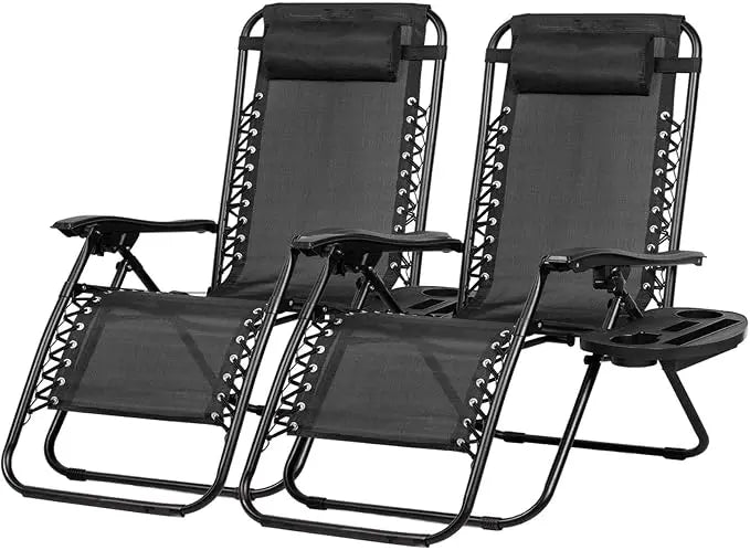 Set of 2 Adjustable Zero Gravity Lounge Chairs With Cup Holder and Pillow