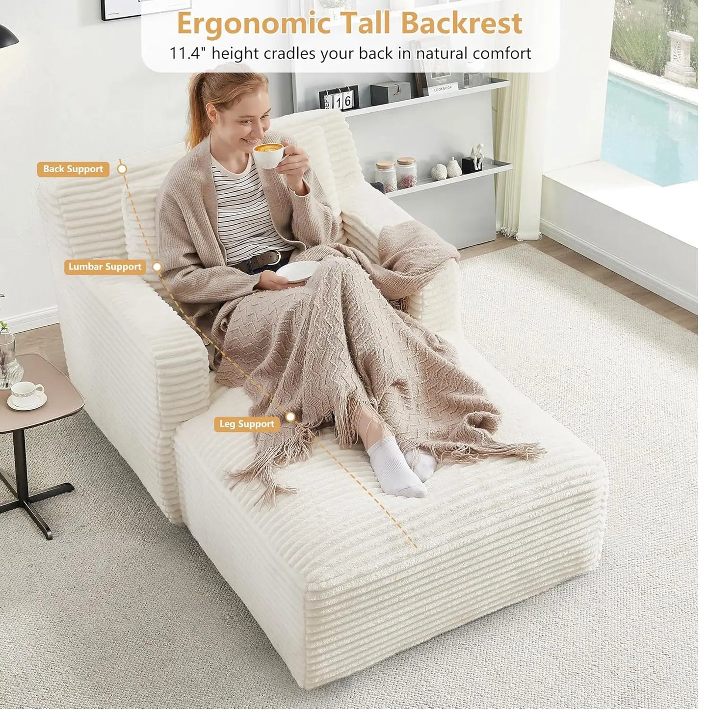 65.4 Inch Corduroy Oversized Chaise Lounge Chair Indoor Sofa Bed