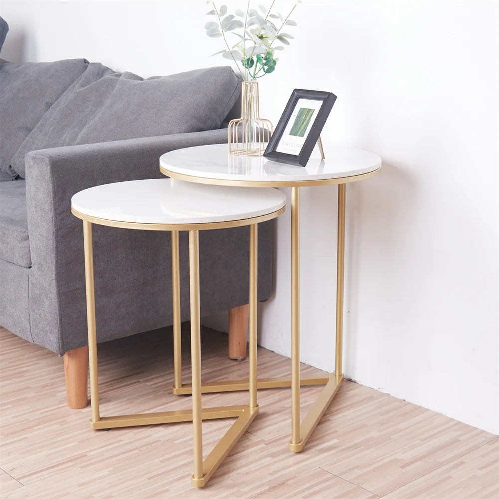 Modern Round Marble Metal Base Nesting Side Tables Set Of 2