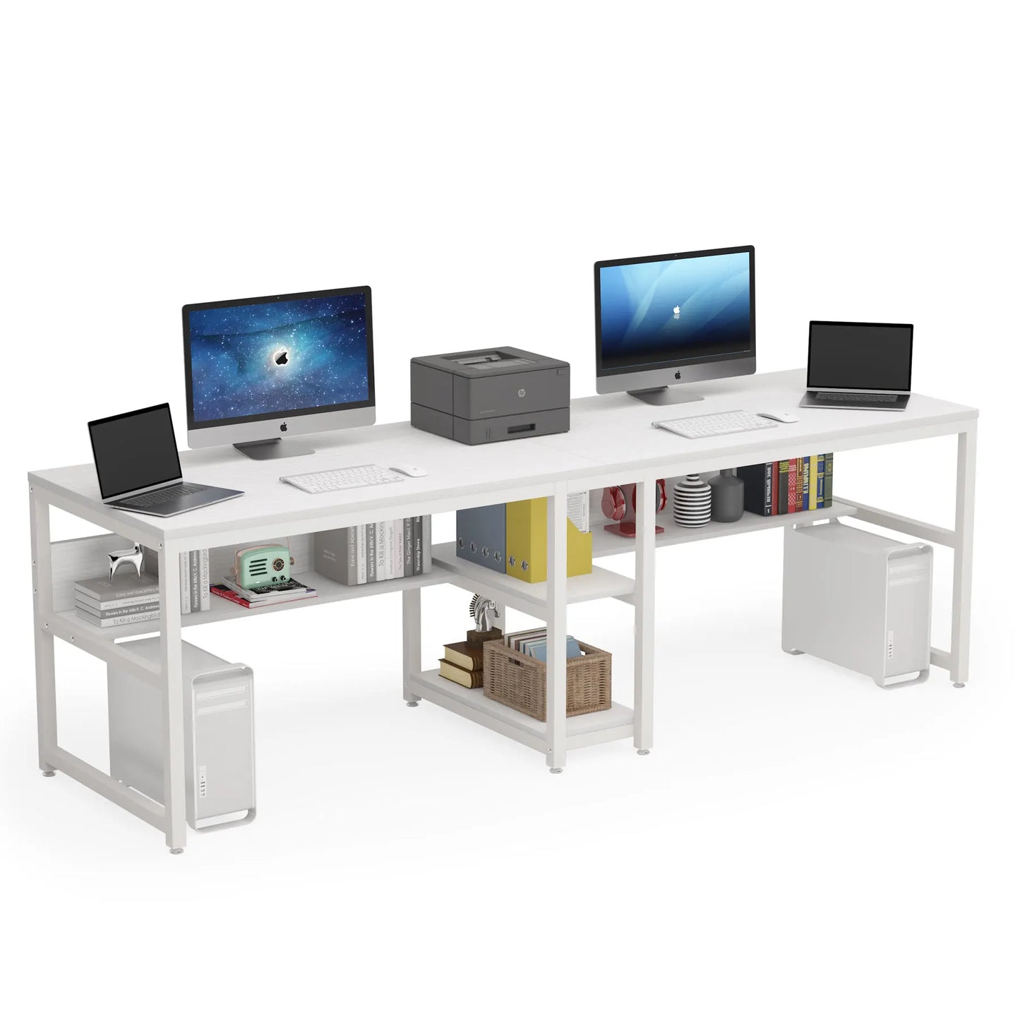 Tribesigns Two Person Desk With Bookshelf 78.7 Inch Rustic Double Computer Desk