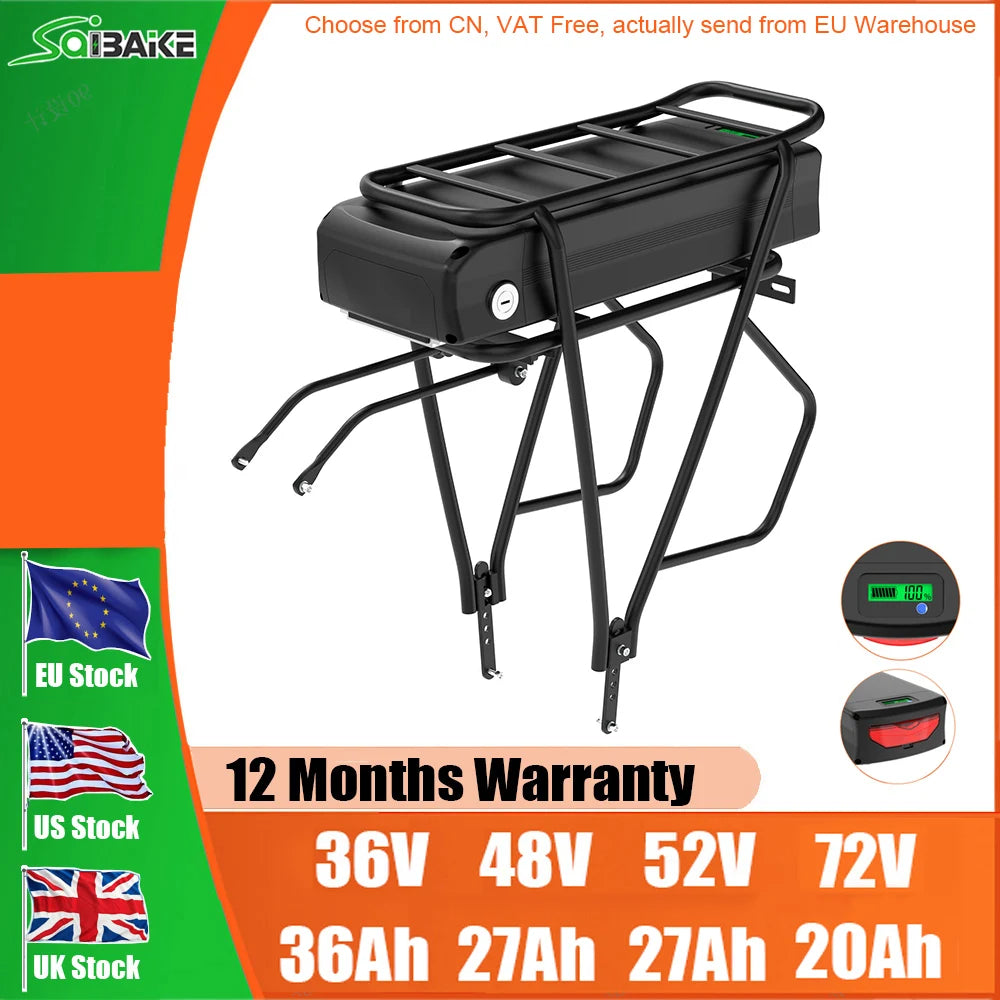 EU Stock Rear Rack Ebike Battery Li Ion 21700 Pack 36V 48V