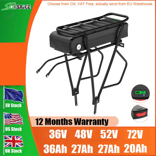 EU Stock Rear Rack Ebike Battery Li Ion 21700 Pack 36V 48V