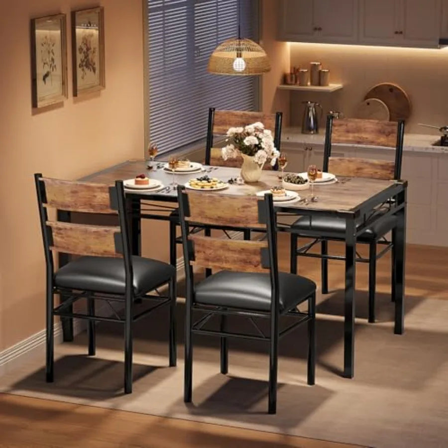 Retro Brown Dining Table Set for 4 with Corner Protector and Upholstered Chairs