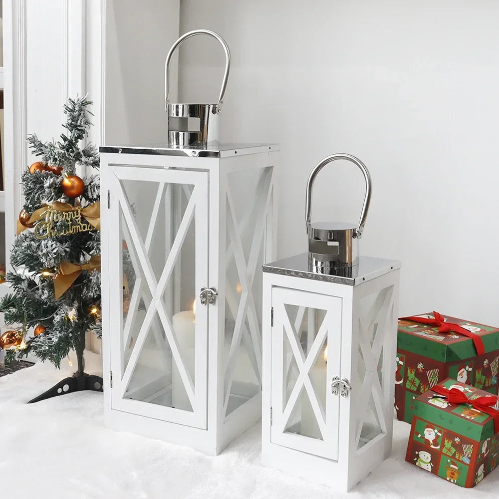 Farmhouse Wood Lantern With Tempered Glass And Steel Handle
