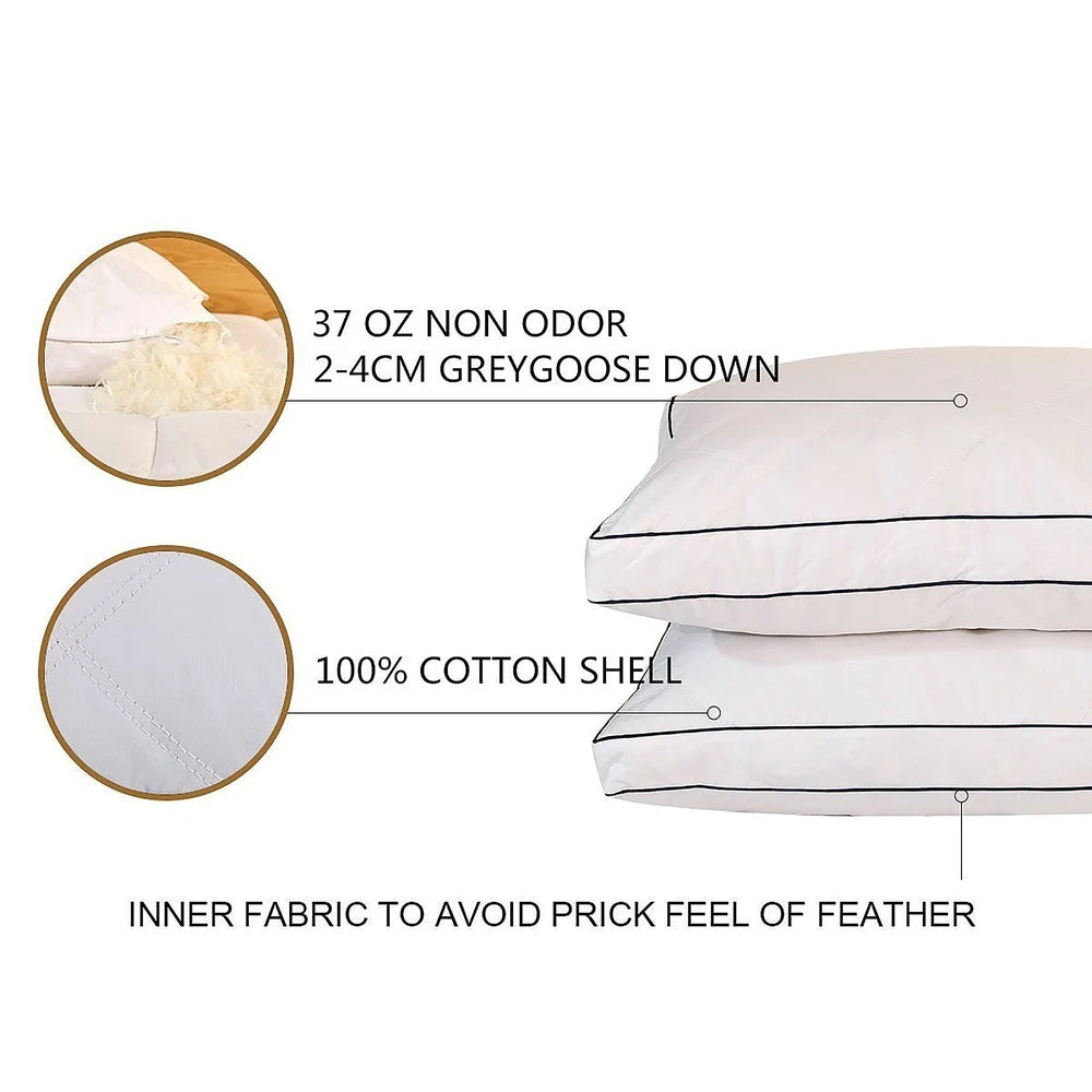 King Size Hypoallergenic Pillow Set of Two Goose Feather Down Filling Soft Plush Support for Back and Side Sleepers