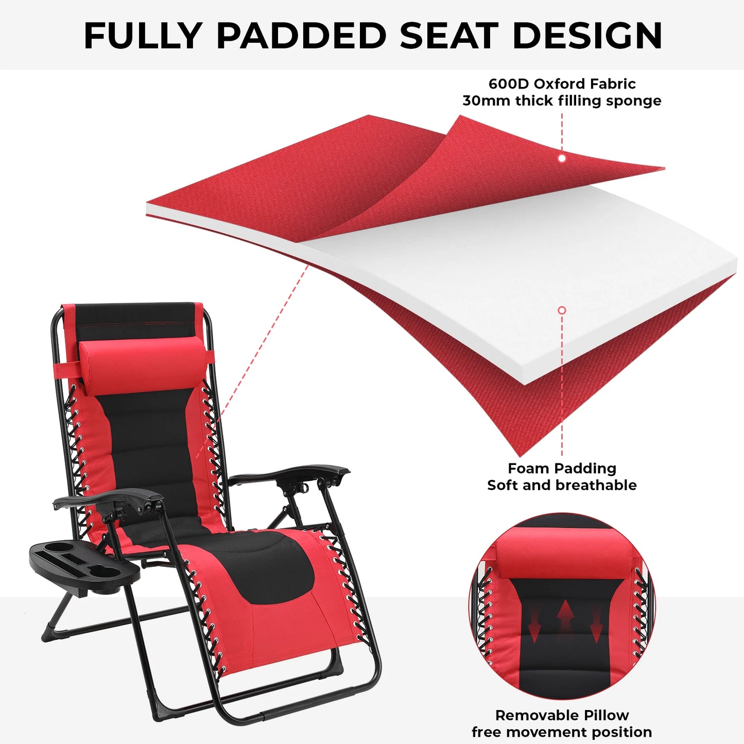 Padded Zero Gravity Lounge Chair Folding Patio Recliner with Adjustable Headrest and Cup Holder Support 160kg Sun Loungers